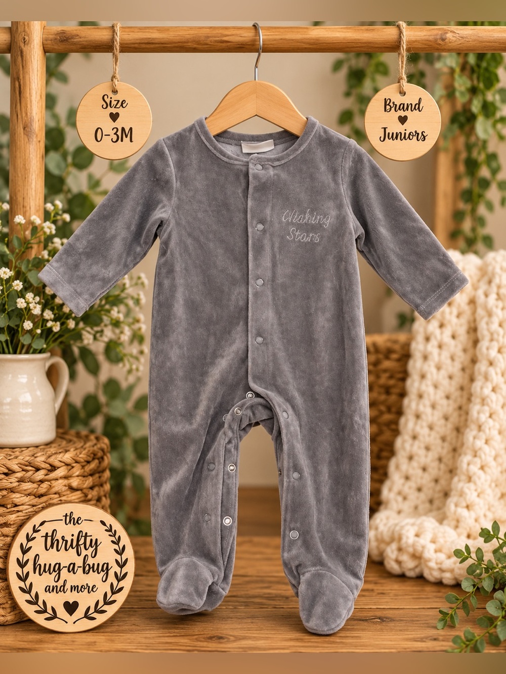 Juniors Baby Gray Velour Footed Sleeper 0–3M “Wishing Stars”